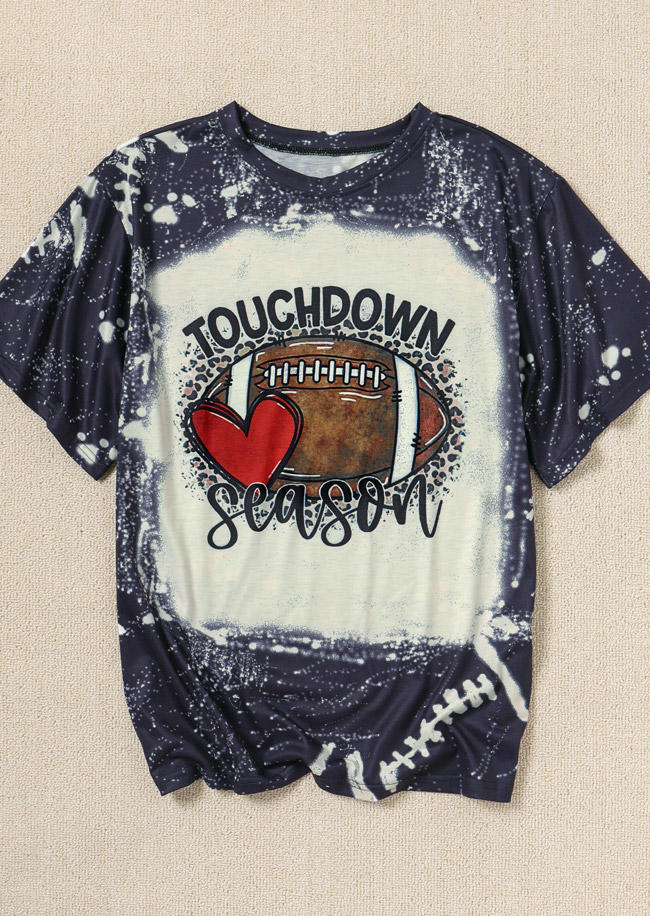 Touchdown Season Football Heart Bleached T-Shirt Tee - Dark Grey