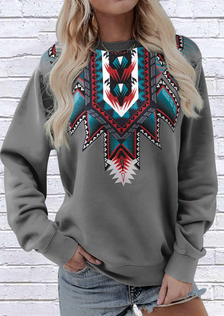

Aztec Geometric O-Neck Pullover Sweatshirt - Gray, 517098