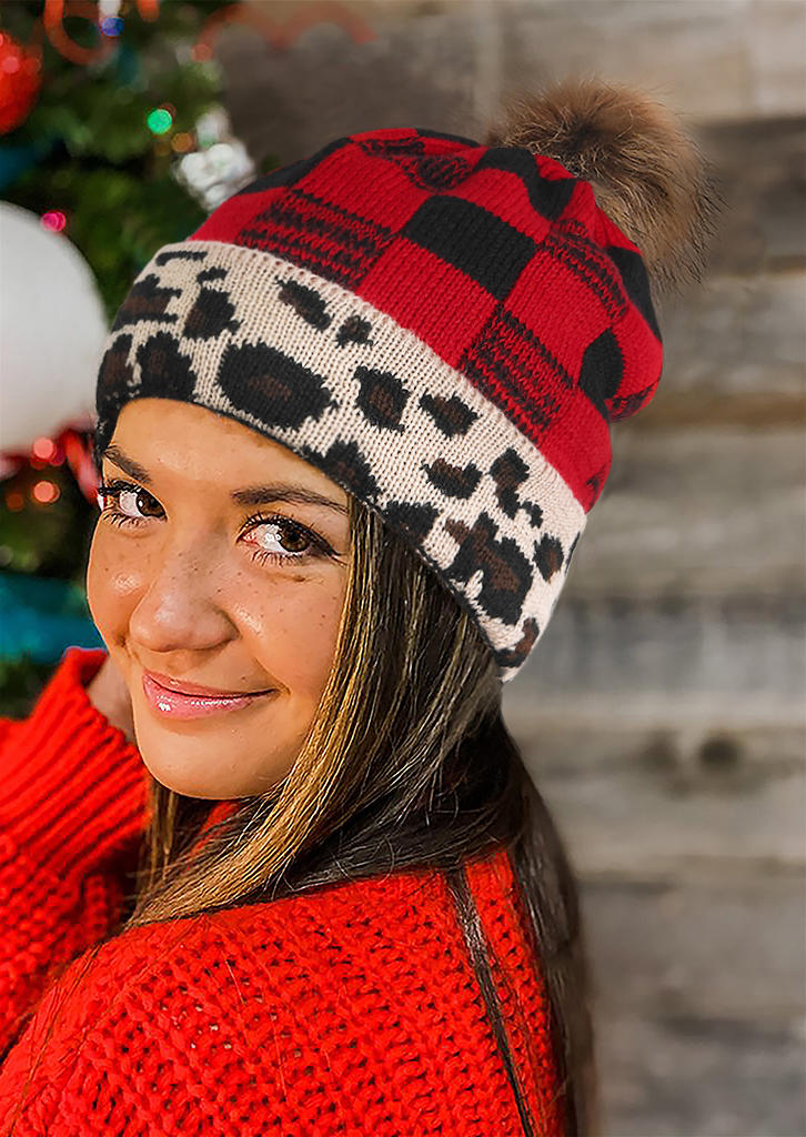 

Plaid Leopard Knitted Warm Bonnet Beanie Hat, Red, 517147
