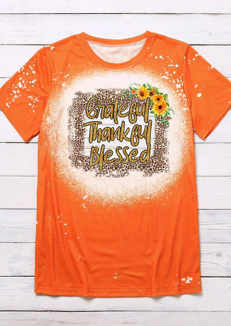 Grateful Thankful Blessed Leopard Sunflower T-Shirt Tee - Orange