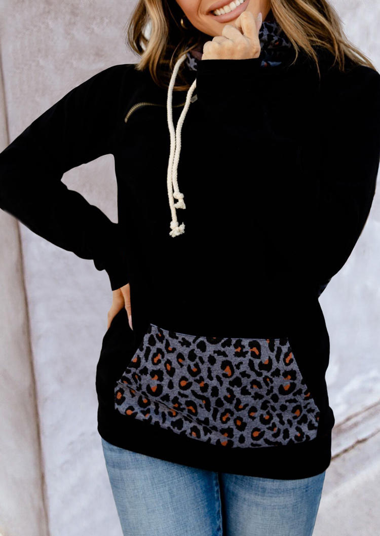 

Leopard Zipper Kangaroo Pocket Splicing Hoodie - Black, 517274
