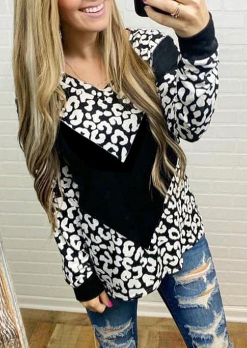 

Leopard Splicing Long Sleeve V-Neck Blouse - Black, 517306