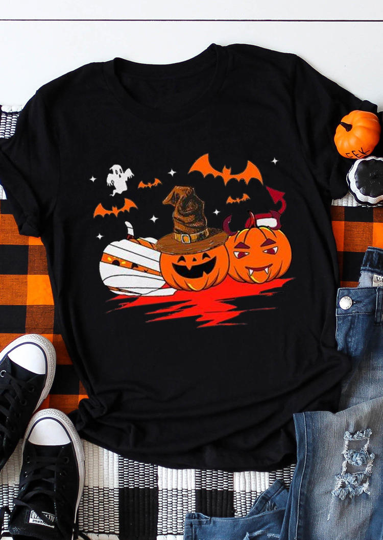 Halloween Pumpkin Bat Ghost O-Neck T-Shirt Tee - Black, 517449