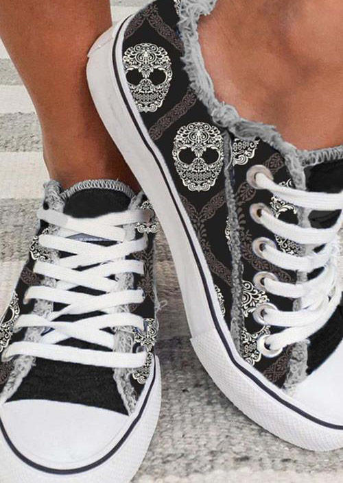 

Halloween Skull Lace Up Flat Sneakers - Black, 517507