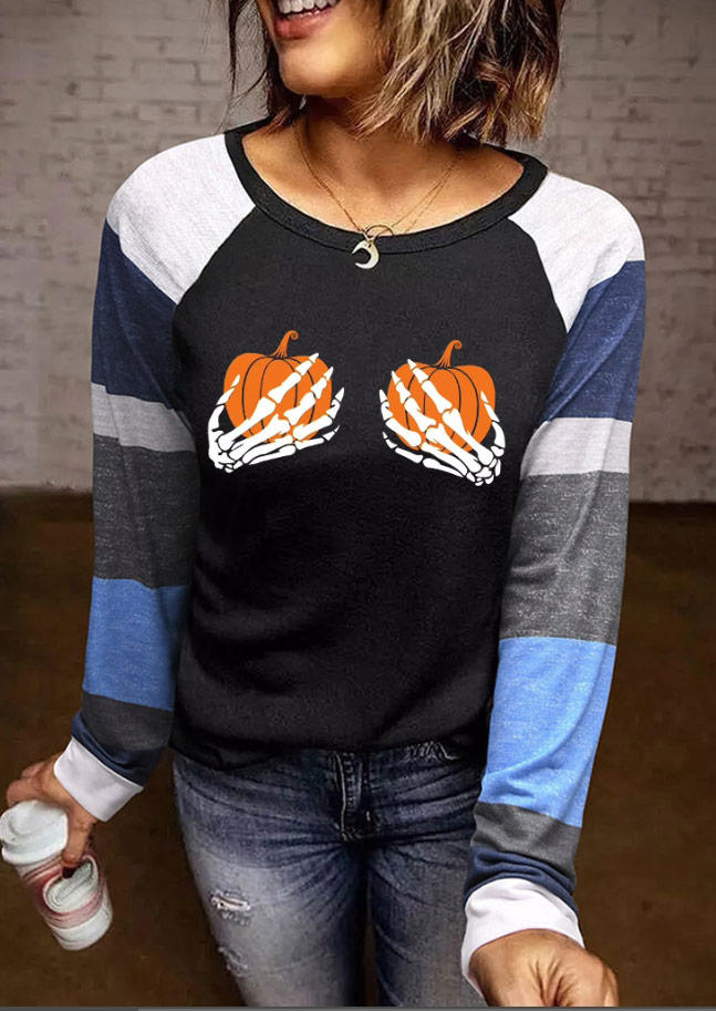 

Halloween Pumpkin Skeleton Hand Color Block Blouse - Black, 517514