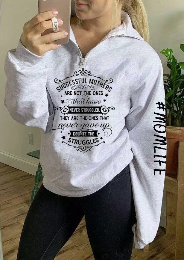 

Mom Life Long Sleeve Zipper Collar Pullover Sweatshirt - Light Grey, 517518