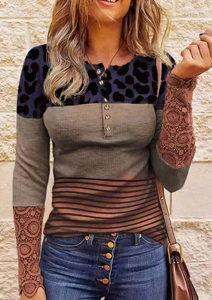 

Button Lace Striped Leopard Hollow Out Splicing Blouse, Multicolor, 517523