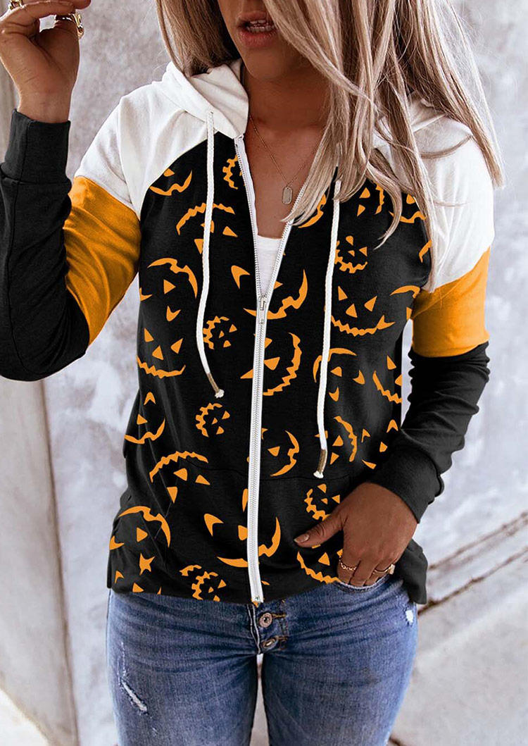 

Halloween Pumpkin Face Color Block Drawstring Hooded Coat - Black, 517524
