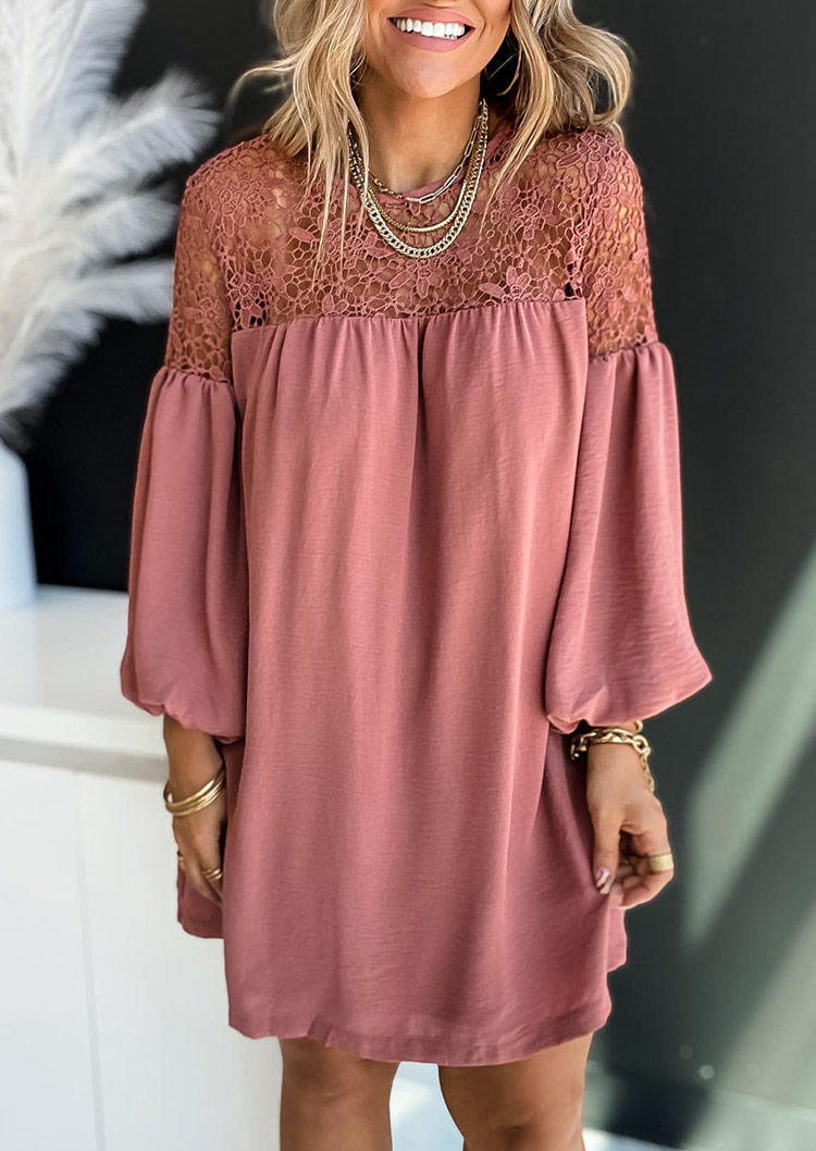 

Lace Splicing Lantern Sleeve Mini Dress - Cameo Brown, 517525