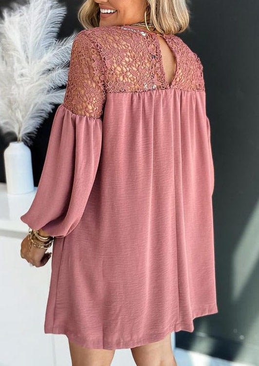 Lace Splicing Lantern Sleeve Mini Dress - Cameo Brown