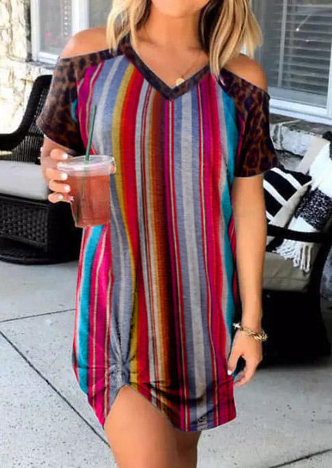 

Leopard Serape Striped Cold Shoulder Mini Dress, Multicolor, 517536