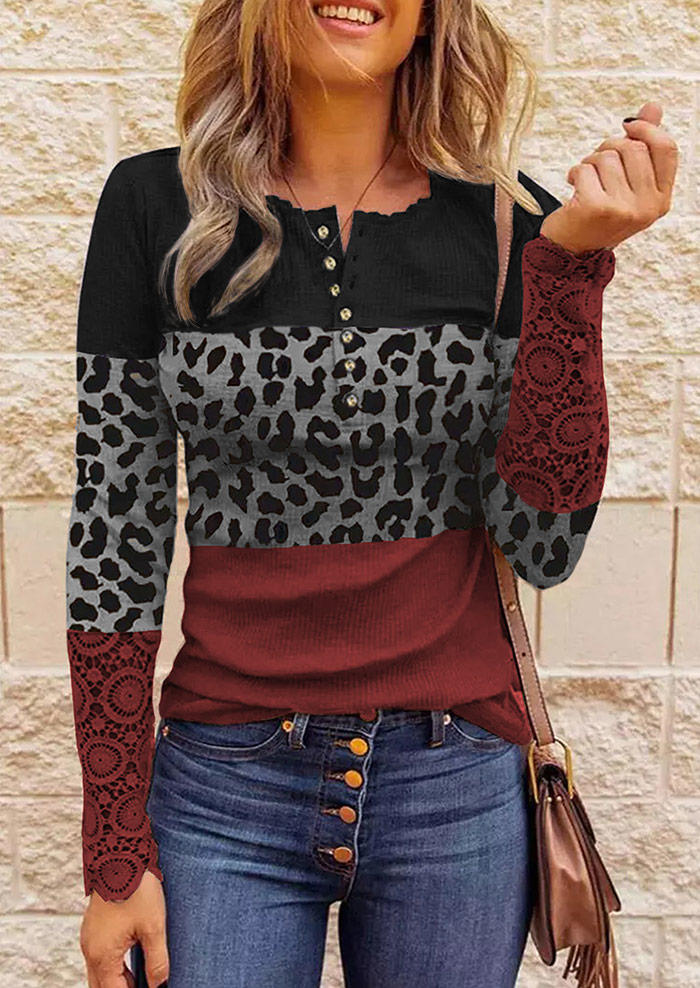 

Lace Leopard Splicing Color Block Button Blouse, Multicolor, 517537