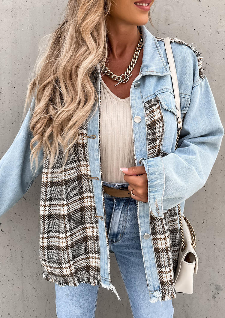

Pocket Plaid Denim Splicing Coat - Light Blue, 516896