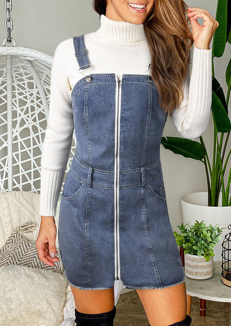 Pocket Zipper Overall Denim Mini Dress - Blue