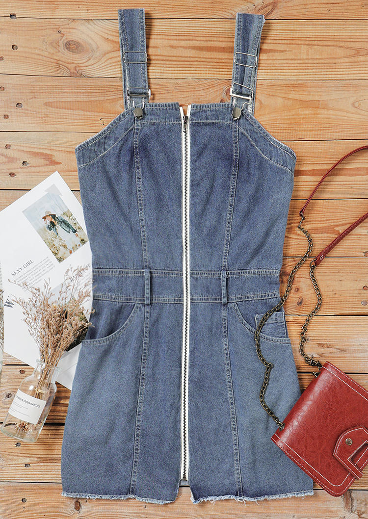 Pocket Zipper Overall Denim Mini Dress - Blue