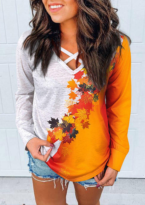 

Maple Leaf Criss-Cross Long Sleeve Blouse, Multicolor, 517114