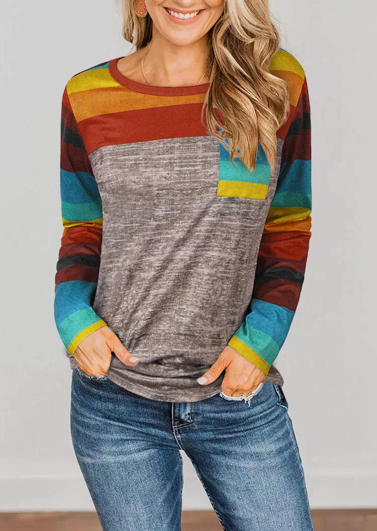 

Colorful Striped Pocket Casual Blouse, Multicolor, 517117