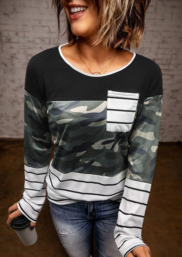 

Camouflage Striped Pocket Long Sleeve Blouse, Multicolor, 517121