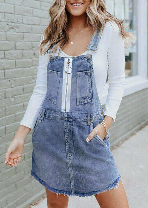 Frayed Hem Zipper Pocket Denim Overall Mini Dress - Blue