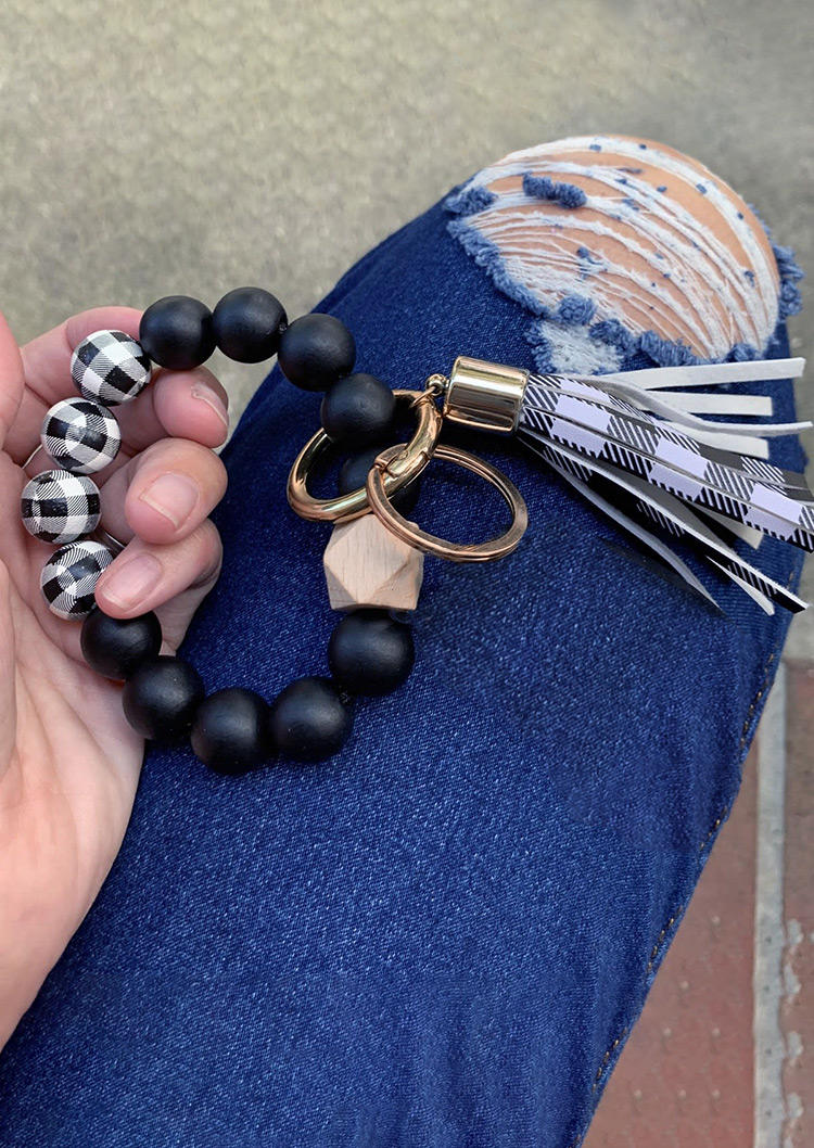 

Leopard Plaid Tassel Beading Wooden Keychain, 517316