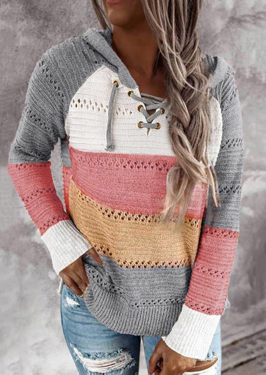 

Color Block Striped Hooded Sweater, Multicolor, 517363