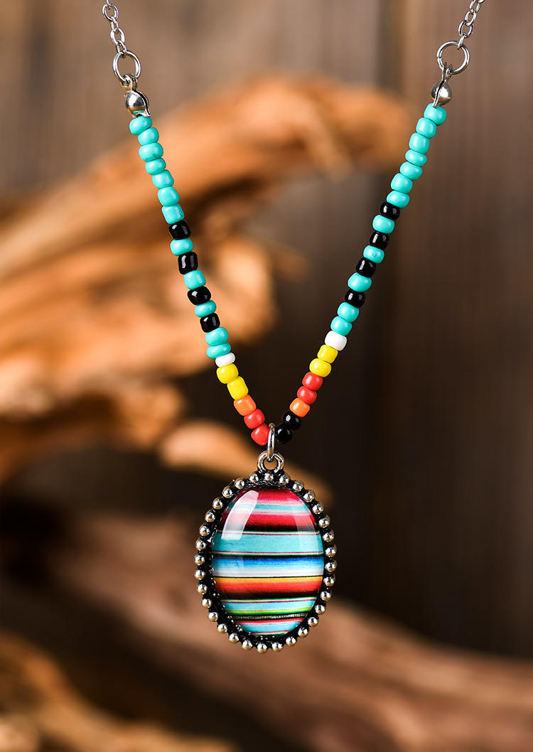 

Serape Striped Colorful Beading Oval Pendant Necklace, Multicolor, 517398