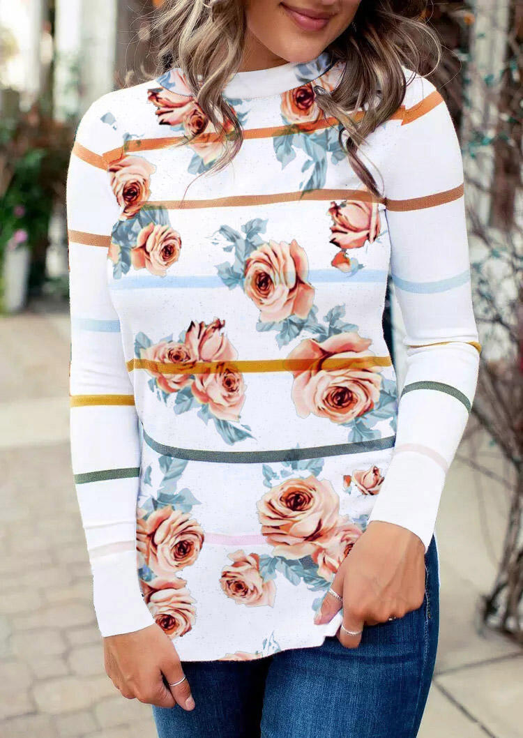 

Colorful Striped Rose Long Sleeve Blouse - White, 517444