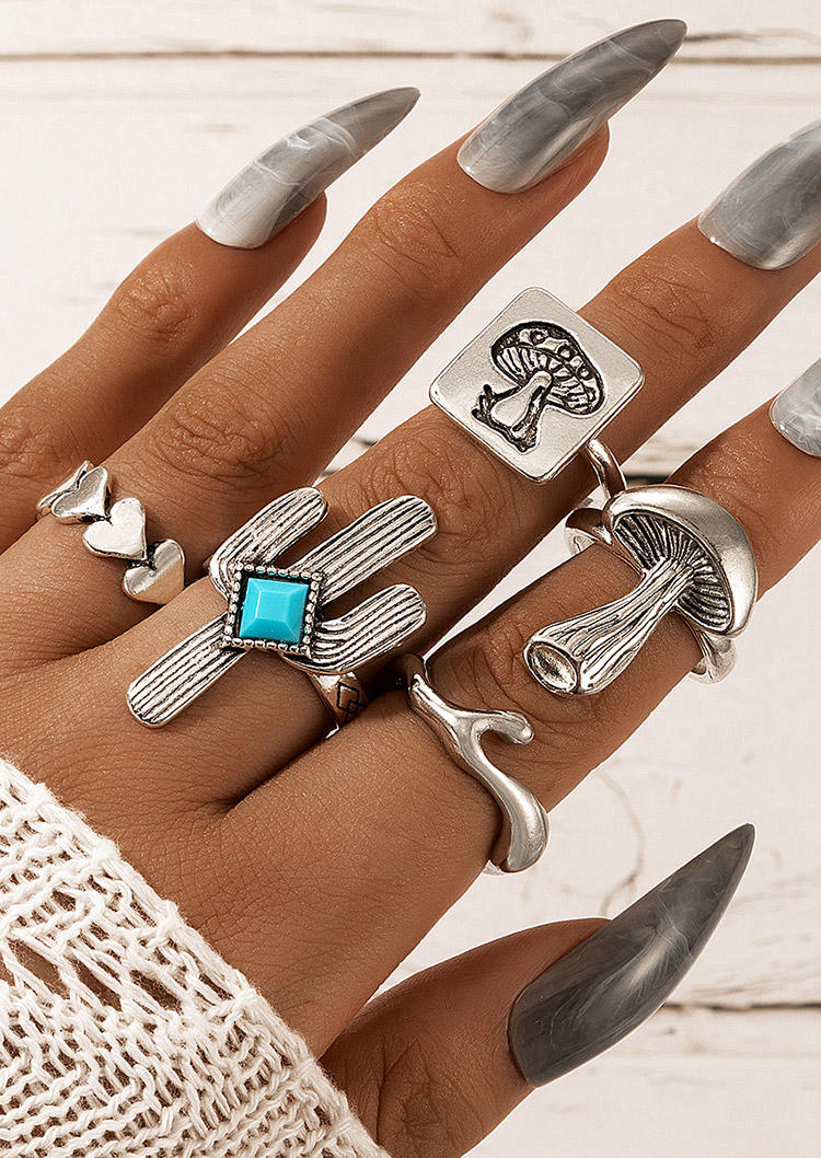 

5Pcs Mushroom Cactus Heart Ring Set, Silver, 517493