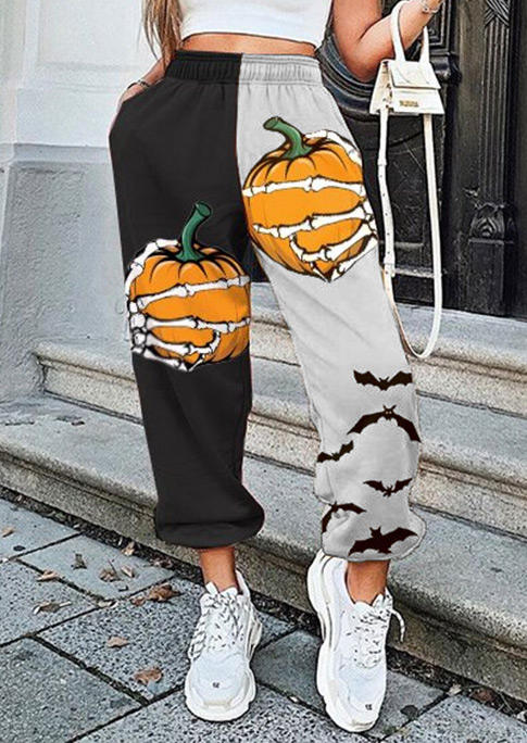 

Halloween Pumpkin Bat Skeleton Hand Elastic Waist Sweatpants, Multicolor, 517530