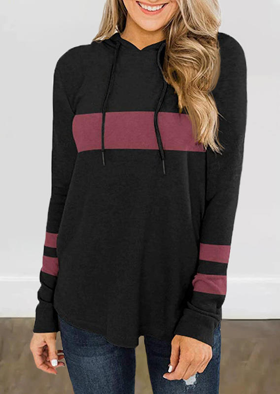 

Color Block Long Sleeve Hooded Blouse - Black, 517598