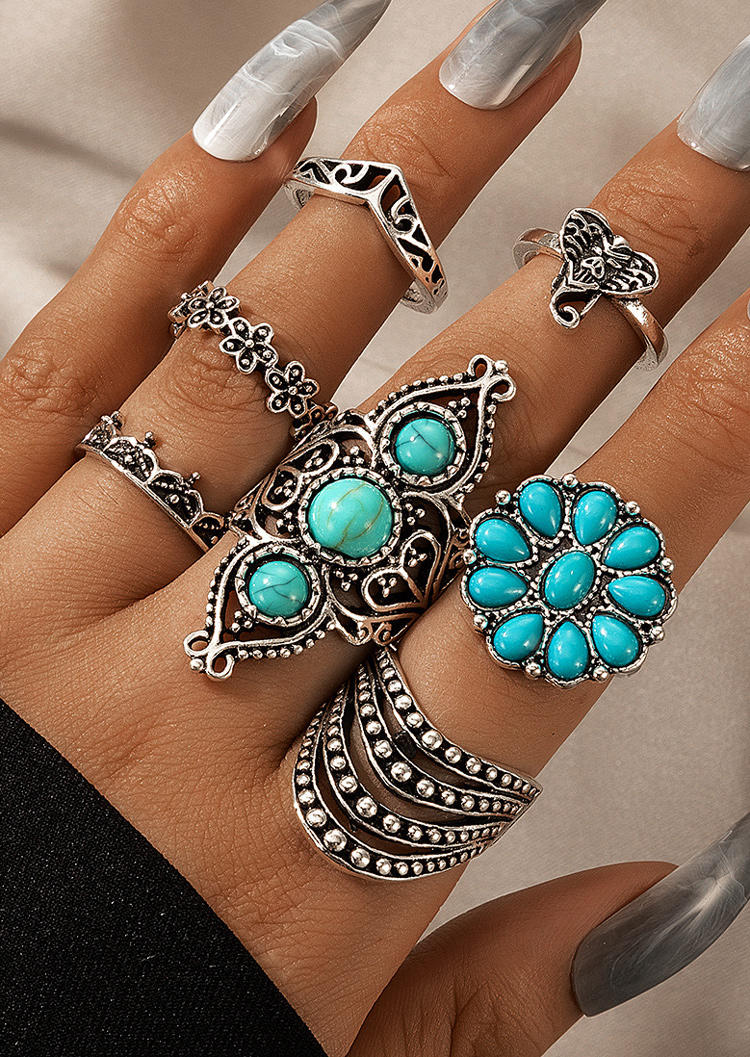 

7Pcs Turquoise Elephant Floral Crown Ring Set, Silver, 517660