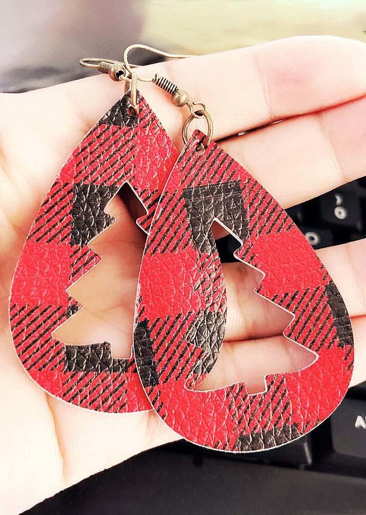 Plaid Hollow Out Christmas Tree Leather Earrings