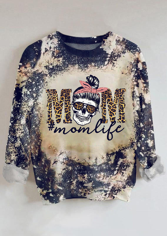 Mom Life Skull Leopard Bleached Sweatshirt - Gray