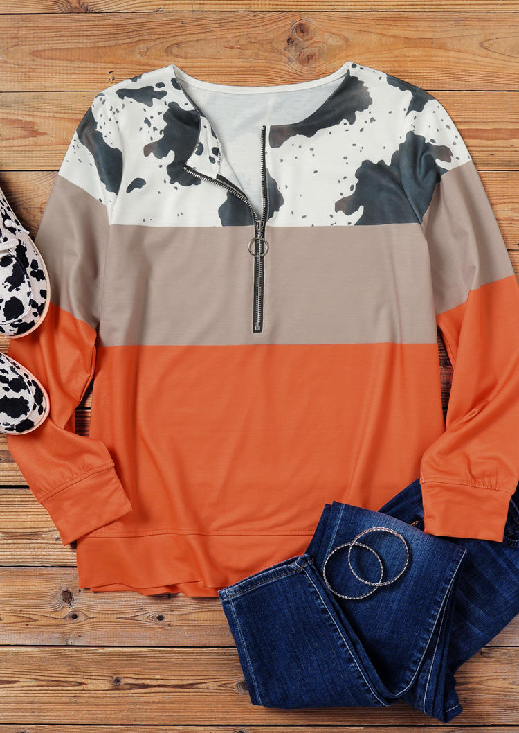 Cow Color Block Zipper Long Sleeve Sweatshirt