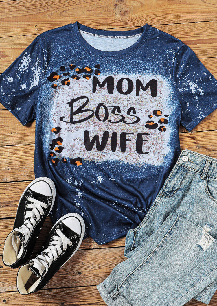 Buy Mom Boss Wife Leopard Bleached T-Shirt Tee - Blue. Picture