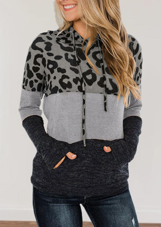 

Leopard Color Block Kangaroo Pocket Hoodie - Gray, 516515