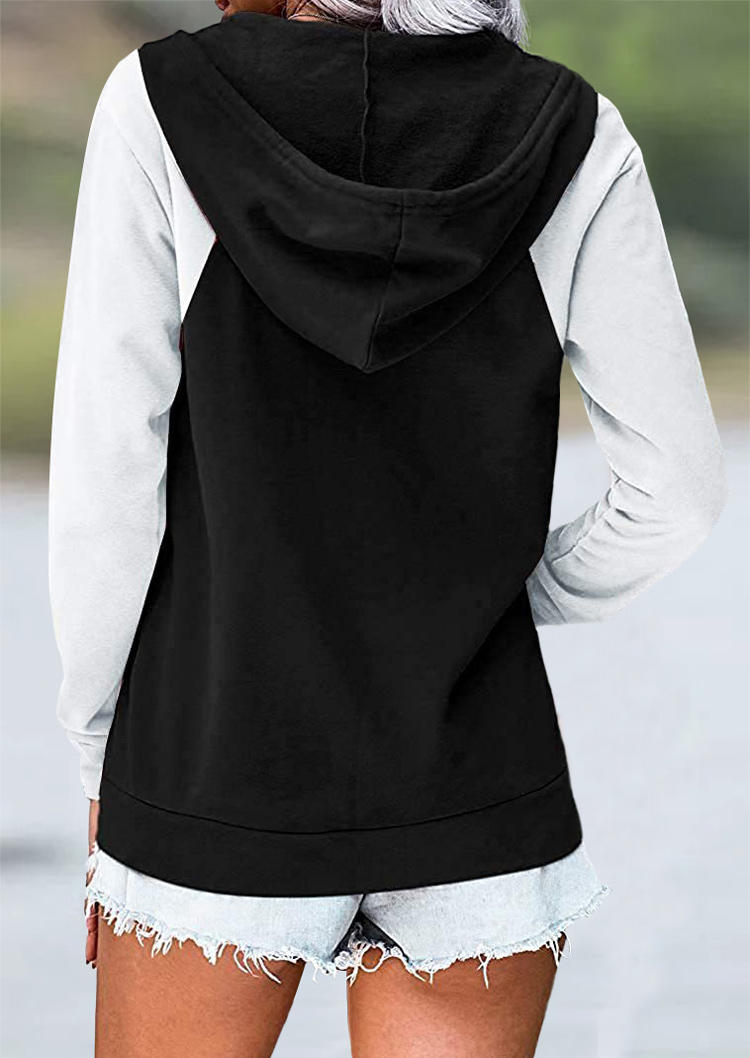 Color Block Drawstring Zipper Coat - Black