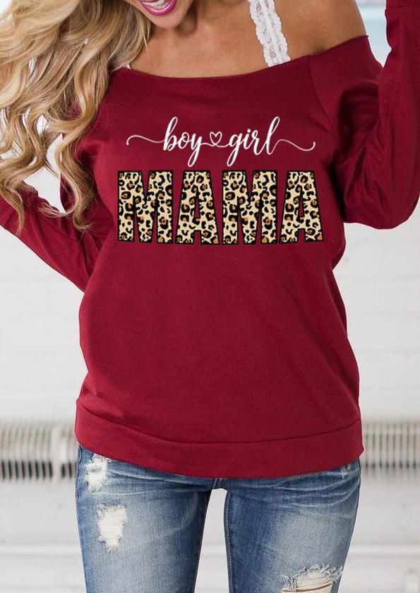 Boy Girl Mama Leopard Long Sleeve Sweatshirt - Burgundy