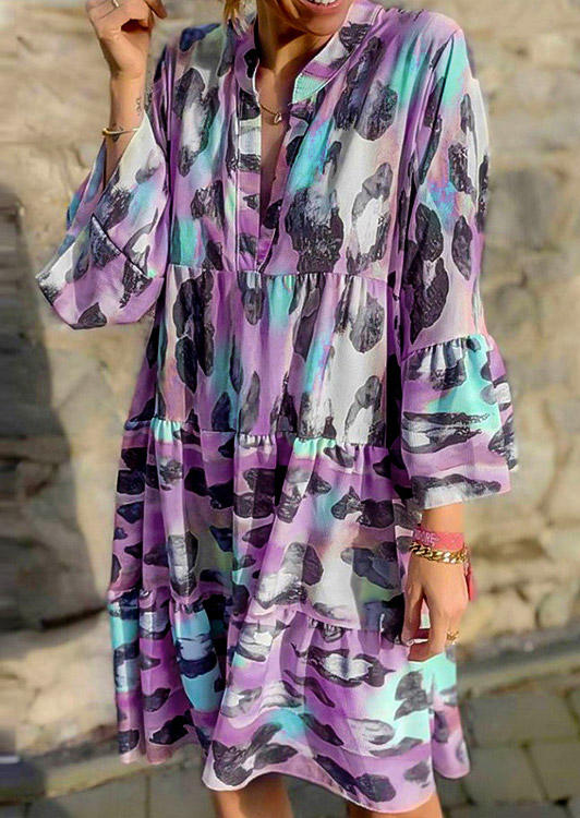 

Leopard Long Sleeve Mini Dress - Purple, 517298