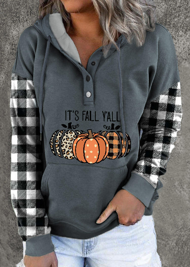 

It's Fall Y'all Pumpkin Plaid Leopard Splicing Button Hoodie - Gray, 517308