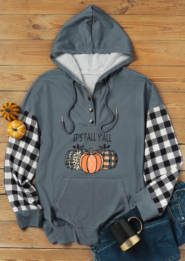 It's Fall Y'all Pumpkin Plaid Leopard Splicing Button Hoodie - Gray