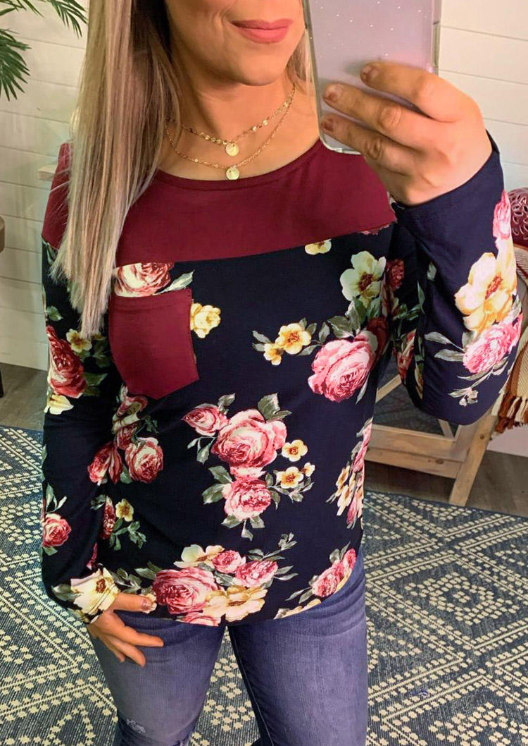 

Floral Pocket Splicing Long Sleeve Blouse, Multicolor, 517309
