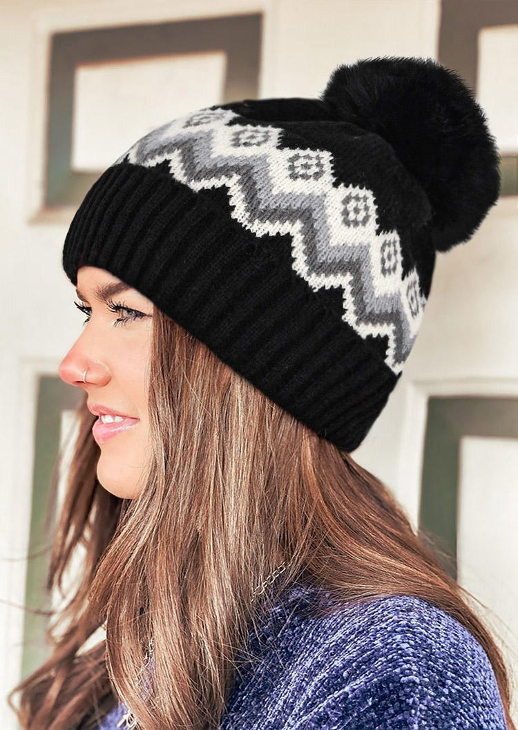 

Aztec Geometric Hairball Knitted Bonnet Beanie Hat, Black;gray, 517388