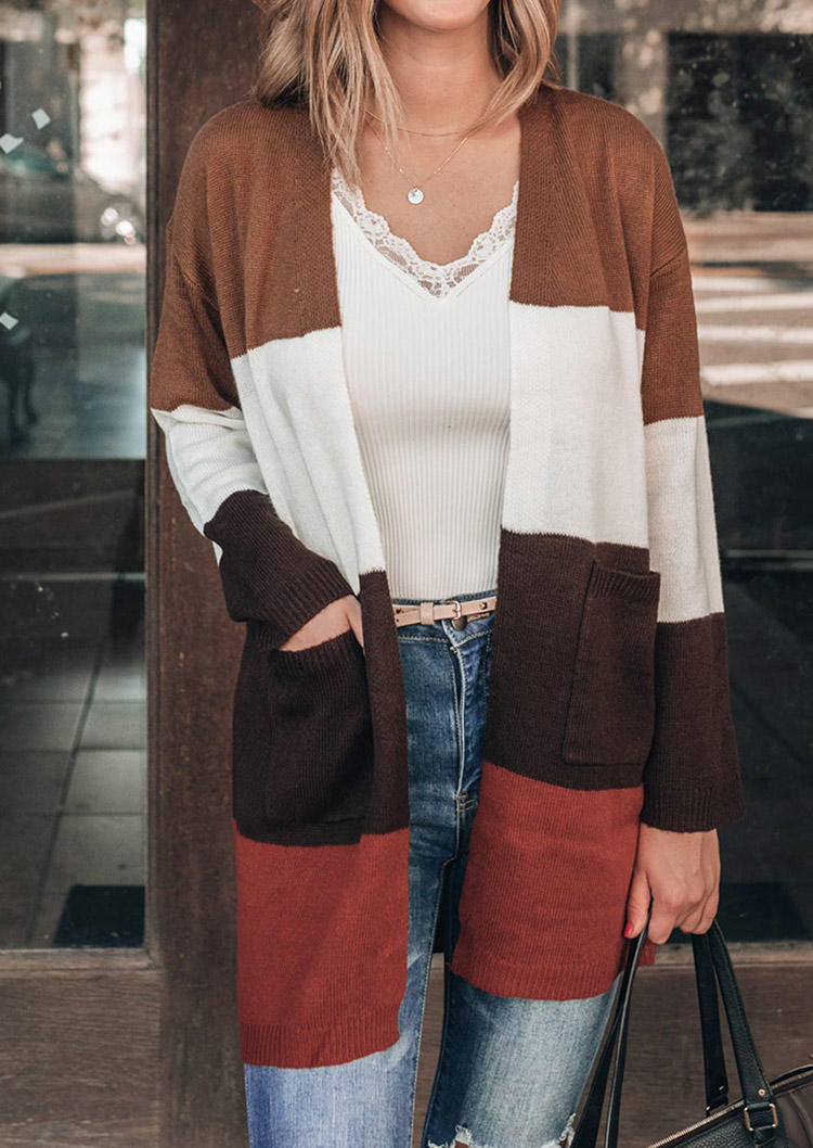 

Color Block Pocket Long Sleeve Cardigan, Multicolor, 517397