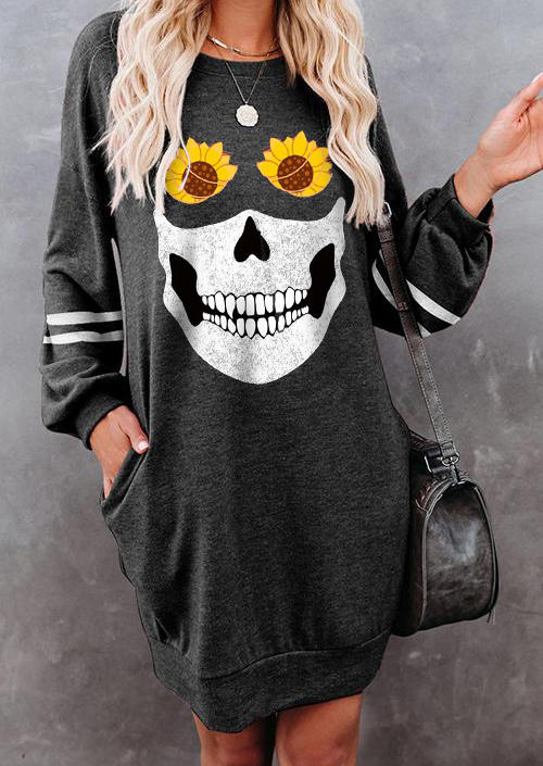 

Halloween Skull Sunflower Pocket Long Sleeve Mini Dress - Gray, 517539