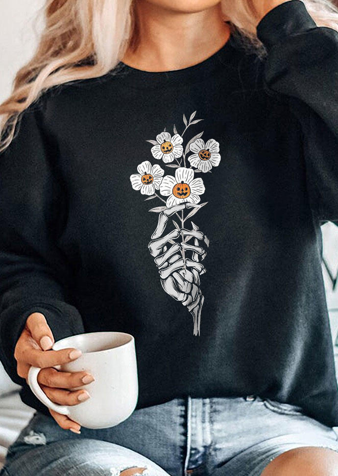 Buy Pumpkin Floral Skeleton Hand Sweatshirt - Black. Picture