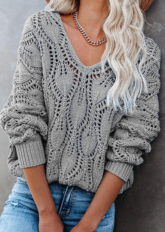 

Hollow Out Knitted Long Sleeve Sweater - Gray, 517724