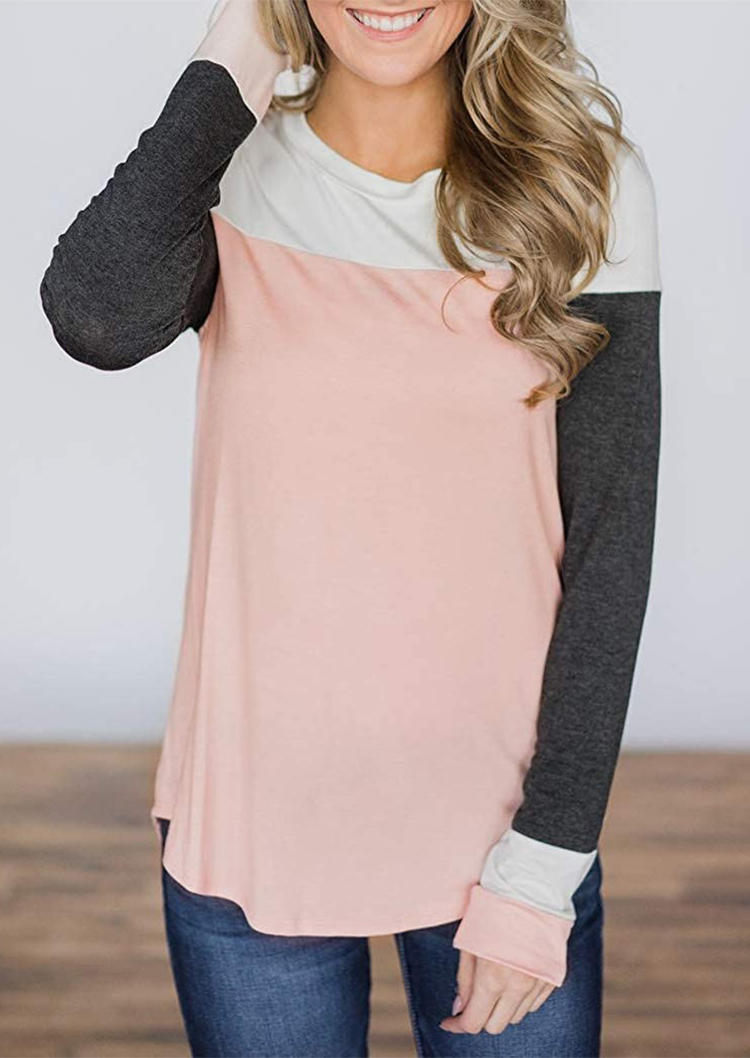 

Color Block Long Sleeve O-Neck Blouse - Pink, 517737