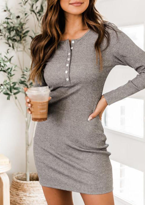 Button Long Sleeve Bodycon Dress - Gray