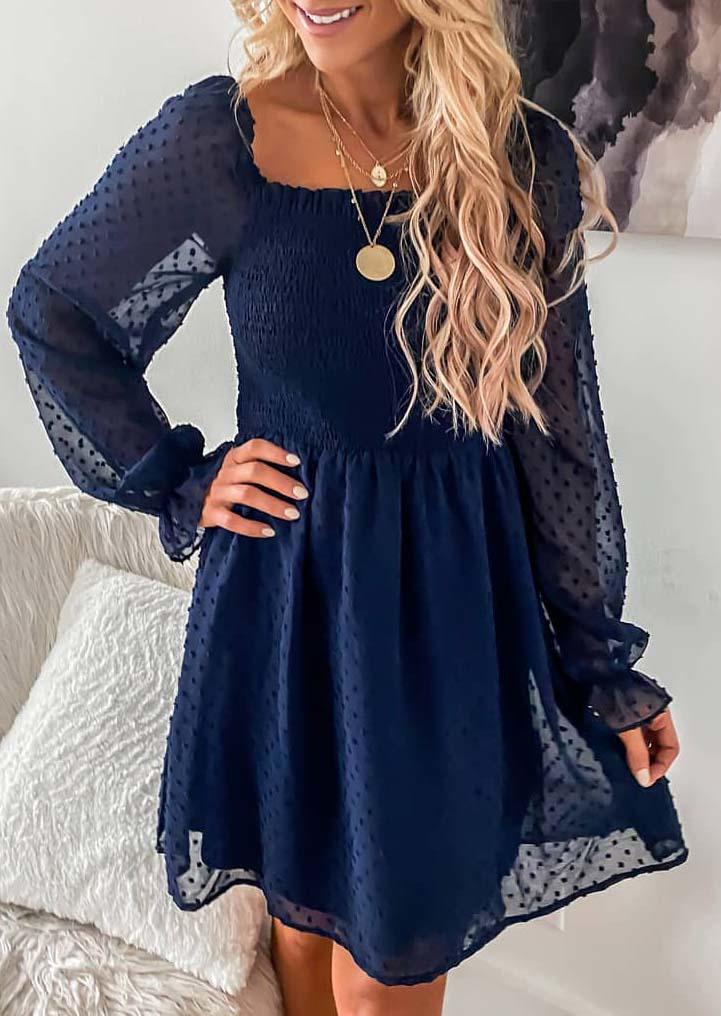 

Dotted Swiss Smocked Long Sleeve Mini Dress - Navy Blue, 517749